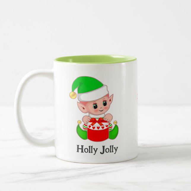 Cute Green Elf Christmas Gift Two-Tone Coffee Mug (Left)