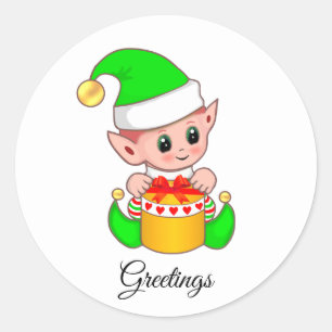 Cute Green Elf Greetings on White Square Sticker