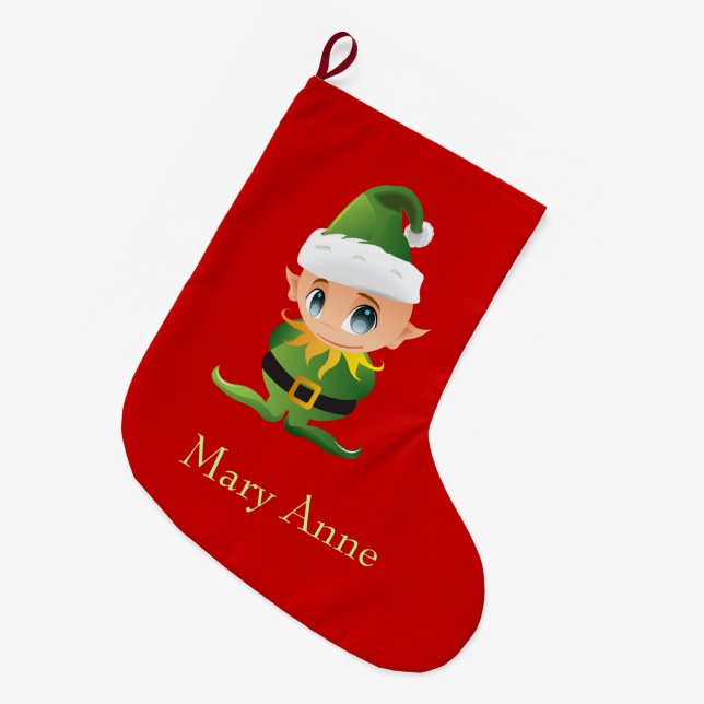 Cute Green Elf Kids Christmas Stocking (Front (Hanging))