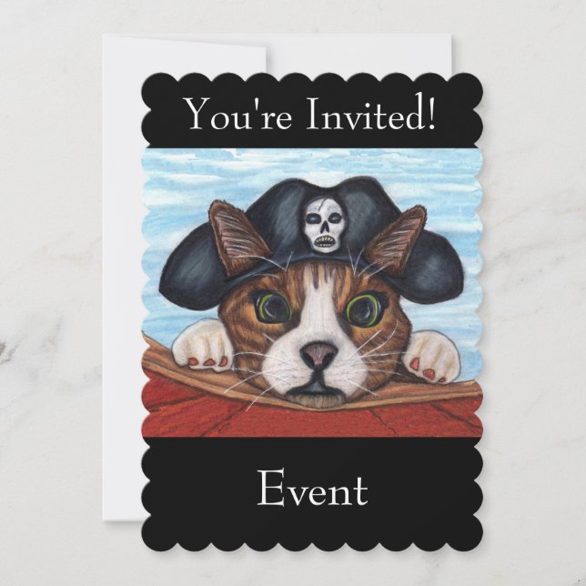 Cute Green Eyed Cat in Black Pirate Hat Red Boat Invitation (Front)