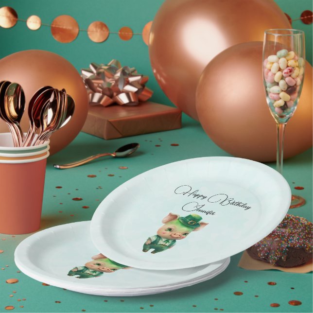 Cute Green Fairytale Pig in Fancy Attire Birthday Paper Plate (Multi)