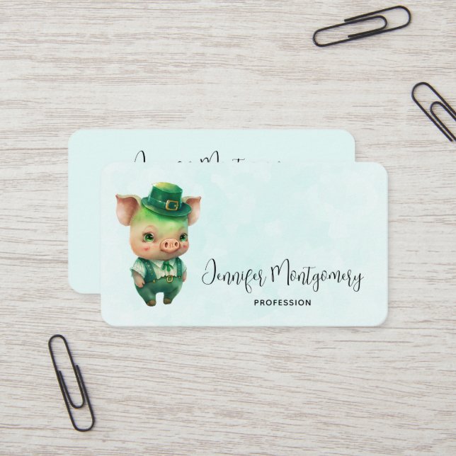 Cute Green Fairytale Pig in Fancy Attire Business Card (Front/Back In Situ)