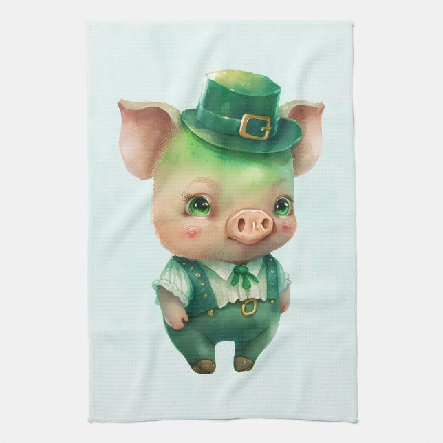 Cute Green Fairytale Pig in Fancy Attire Tea Towel (Vertical)