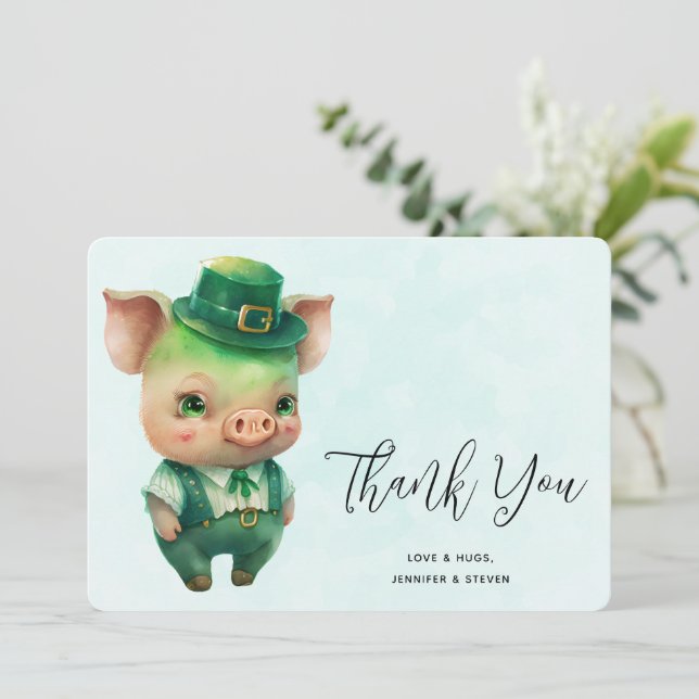 Cute Green Fairytale Pig in Fancy Attire Thank You Card (Standing Front)