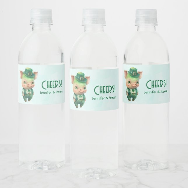 Cute Green Fairytale Pig in Fancy Attire Water Bottle Label (Bottles)