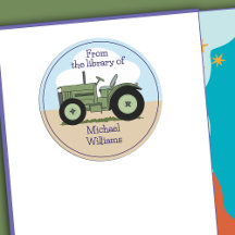 Cute Green Farm Tractor Personalised Bookplate