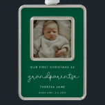 Cute Green First Christmas as Grandparents Photo Silver Plated Framed Ornament<br><div class="desc">A cute whimsical script and a modern design for this photo ornament gift. To customise with your favourite baby picture. You can also easily change the background colour. Perfect to celebrate your First Christmas as new grandparents.</div>