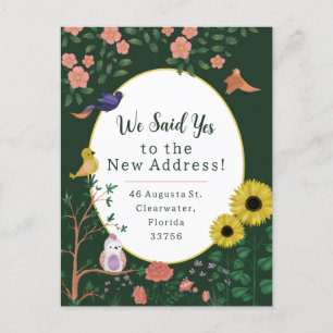 Cute Green Floral Birds New Address Announcement Postcard