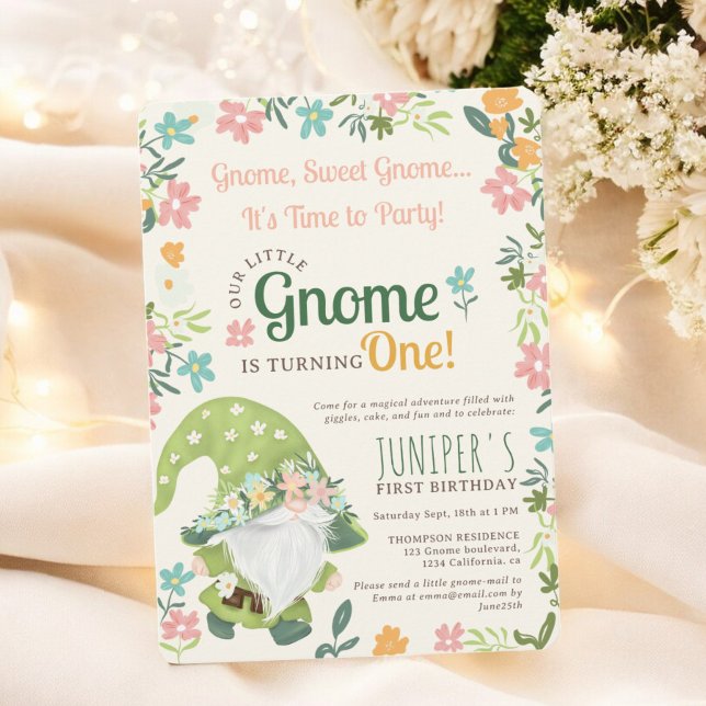 Cute Green Floral Woodland Gnome 1st Birthday Invitation (Cute Green Floral Woodland Gnome 1st Birthday Invitation)