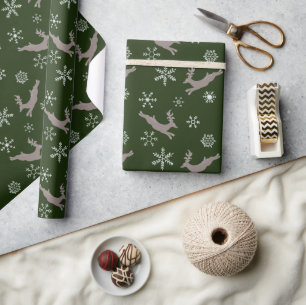 Cute Green Flying Reindeer Snowflakes Christmas  Wrapping Paper