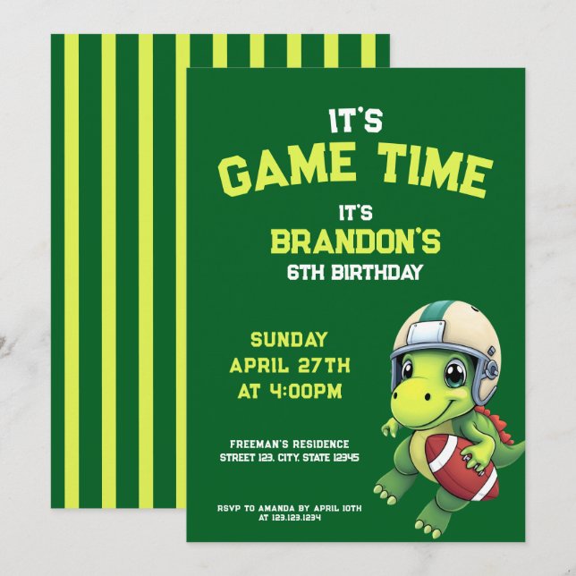 Cute Green Football Dinosaur Kids Birthday Invitation (Front/Back)