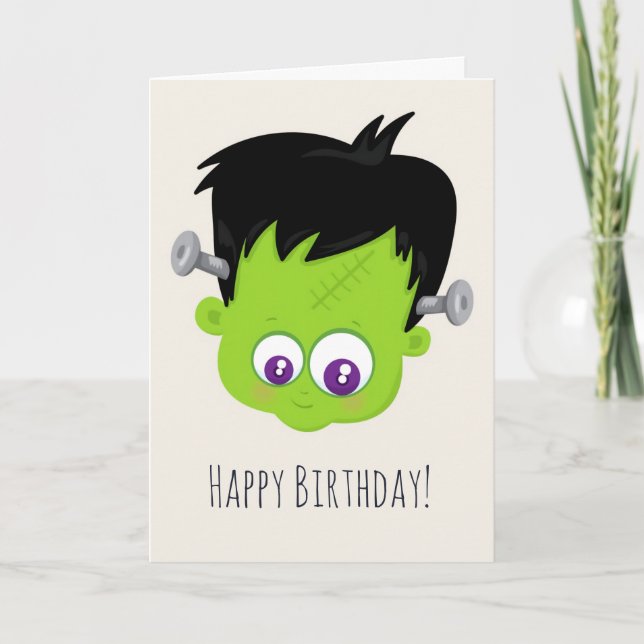 Cute Green Frankenstein Monster Face Birthday Card (Front)
