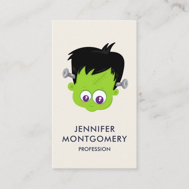 Cute Green Frankenstein Monster face Halloween Business Card (Front)