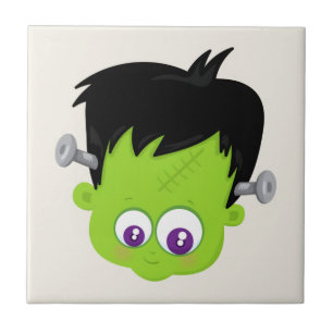 Cute Green Frankenstein Monster face Halloween Ceramic Tile