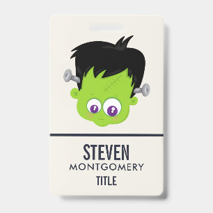 Cute Green Frankenstein Monster face Halloween ID Badge