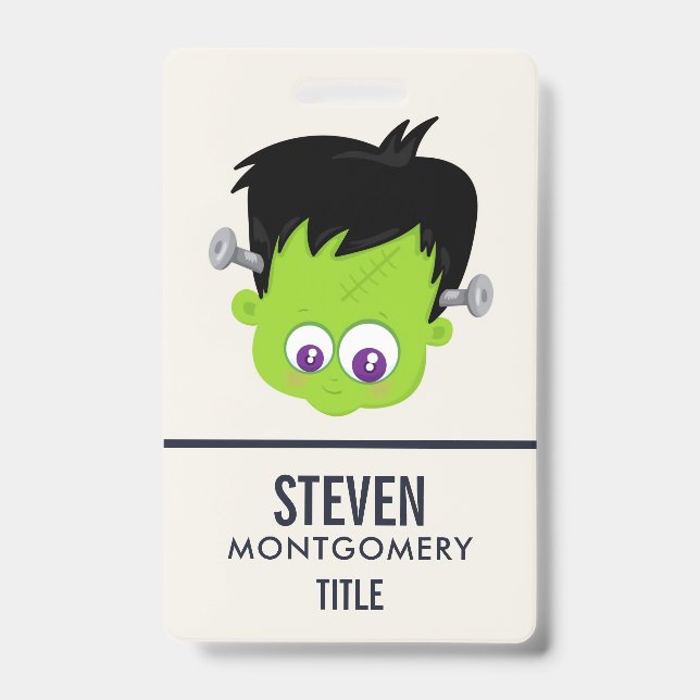 Cute Green Frankenstein Monster face Halloween ID Badge (Front)