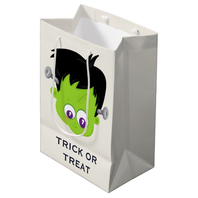 Cute Green Frankenstein Monster face Halloween Medium Gift Bag (Front Angled)