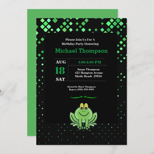 Cute Green Frog Birthday Party Invitation (Front/Back)