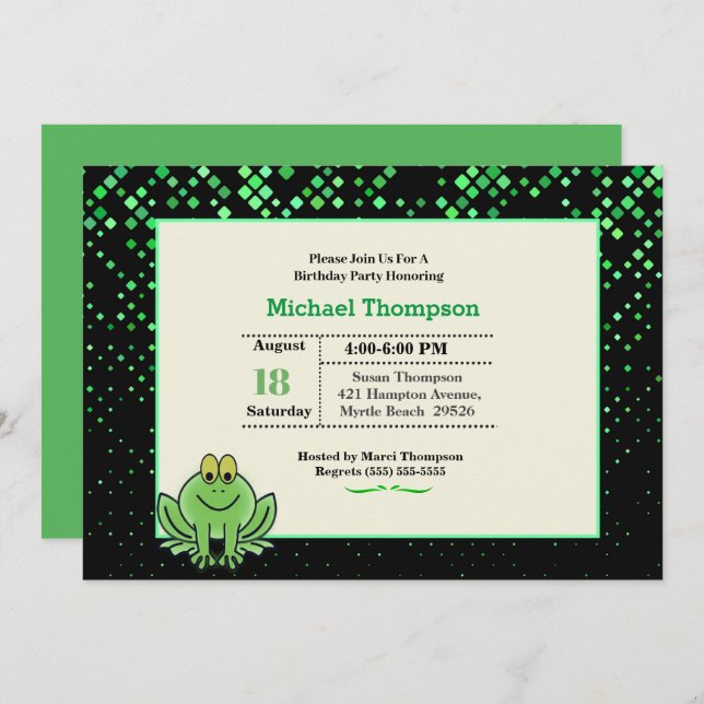 Cute Green Frog Birthday Party Invitation (Front/Back)