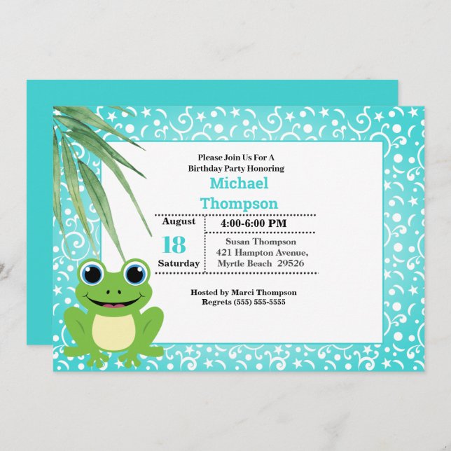 Cute Green Frog Birthday Party Invitation (Front/Back)