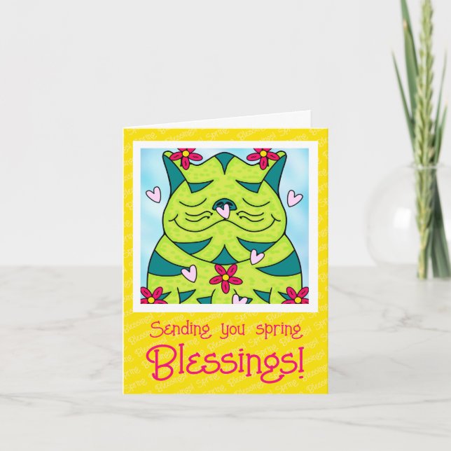 Cute Green Frog Cat With Flowers Spring Blessings Card (Front)
