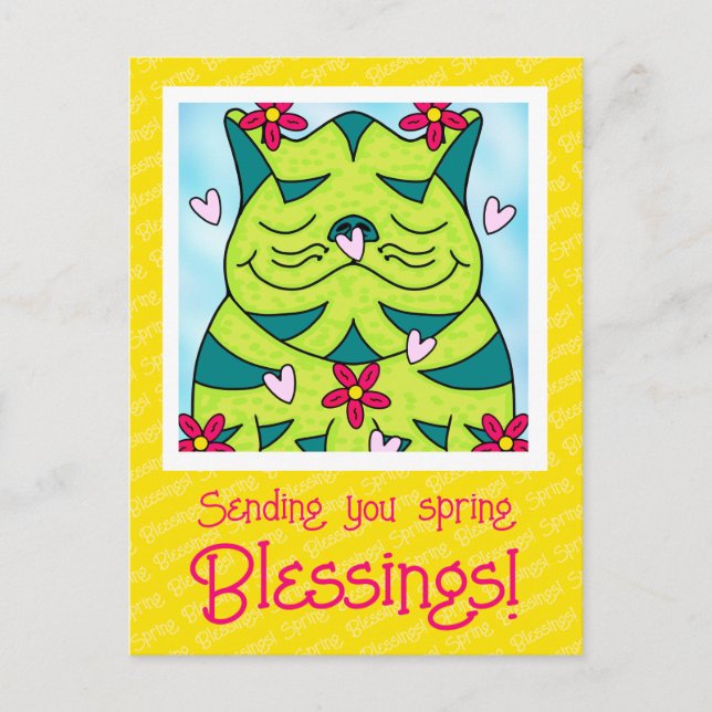 Cute Green Frog Cat With Flowers Spring Blessings Postcard (Front)