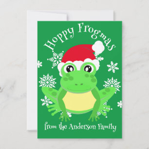 Cute Green Frog Christmas Santa Hat Cartoon Green Holiday Card