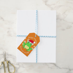Cute Green Frog Christmas Santa Hat Cartoon Orange Gift Tags