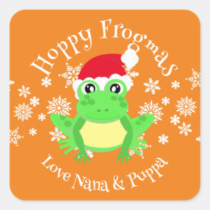 Cute Green Frog Christmas Santa Hat Cartoon Orange Square Sticker