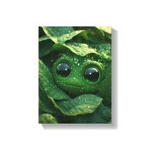 Cute Green Frog Hidden in Dewy Leaves – Whimsical