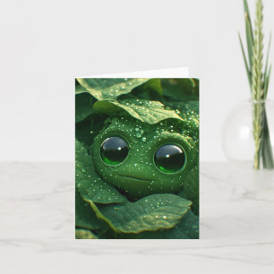 Cute Green Frog Hidden in Dewy Leaves – Whimsical Card