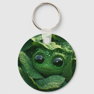 Cute Green Frog Hidden in Dewy Leaves – Whimsical  Key Ring