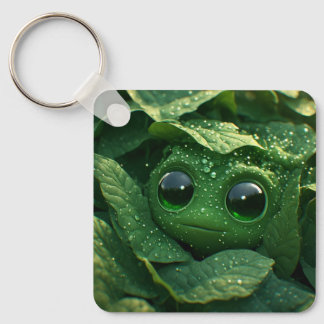Cute Green Frog Hidden in Dewy Leaves – Whimsical Key Ring