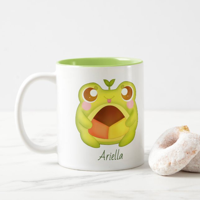 Cute Green Frog Holding Mexican Polvoron Cookie Two-Tone Coffee Mug (With Donut)