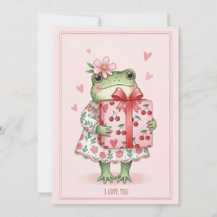 Cute Green Frog In Floral Dress Holiday Card