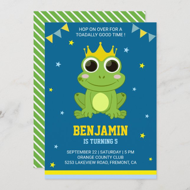 Cute Green Frog Kids Birthday Party Invitation (Front/Back)