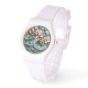 Cute Green Frog Lily Pads Pink Water Lilies  Watch