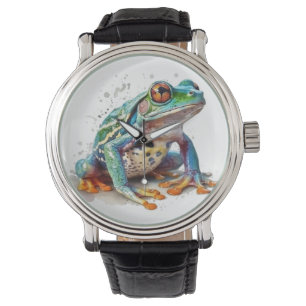 cute green frog looking up in watercolor watch