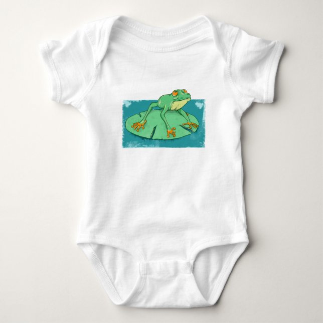 Cute green frog on a lily pad baby bodysuit (Front)