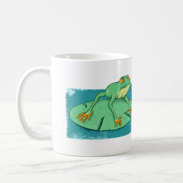 Cute green frog on a lily pad coffee mug (Left)