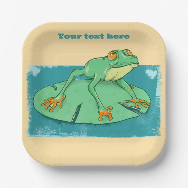 Cute green frog on a lily pad paper plate (Front)