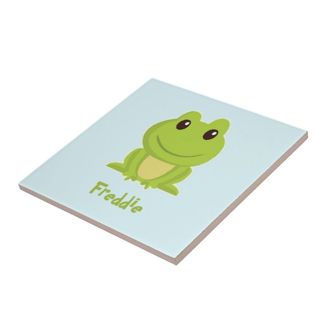 Cute green frog on blue  ceramic tile (Side)