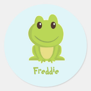 Cute green frog on blue  classic round sticker
