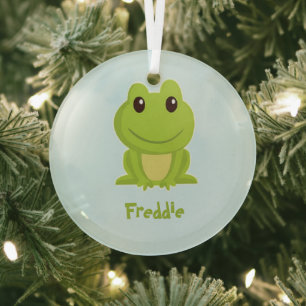 Cute green frog on blue glass tree decoration