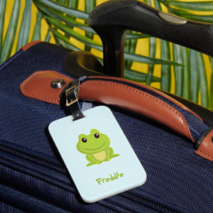 Cute green frog on blue  luggage tag