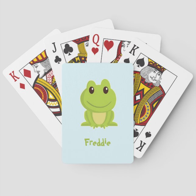 Cute green frog on blue  playing cards (Back)
