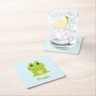 Cute green frog on blue  square paper coaster