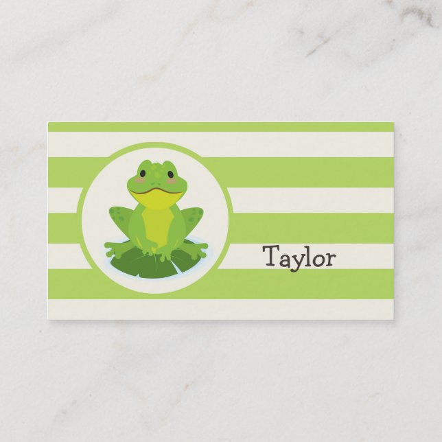 Cute Green Frog on Striped Pattern Business Card (Back)