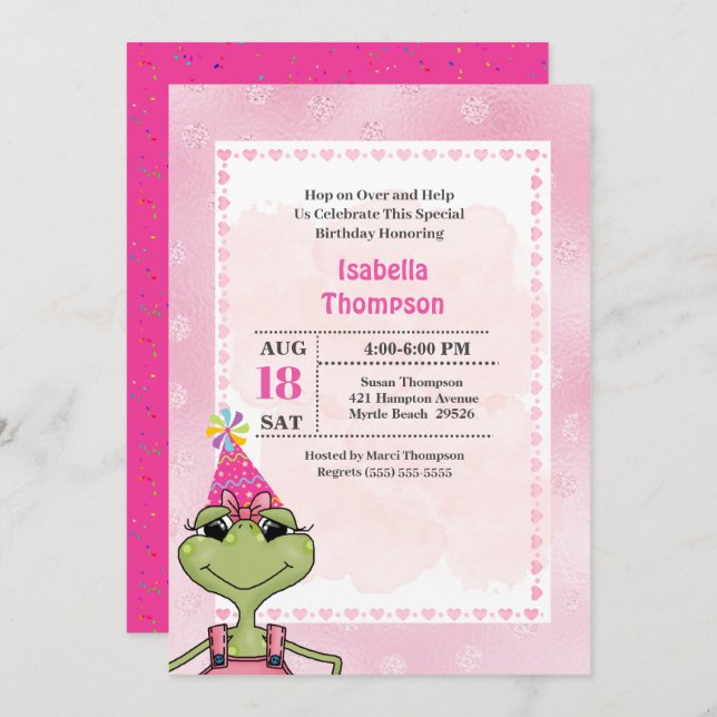 Cute Green Frog Pink Birthday Party Invitation (Front/Back)