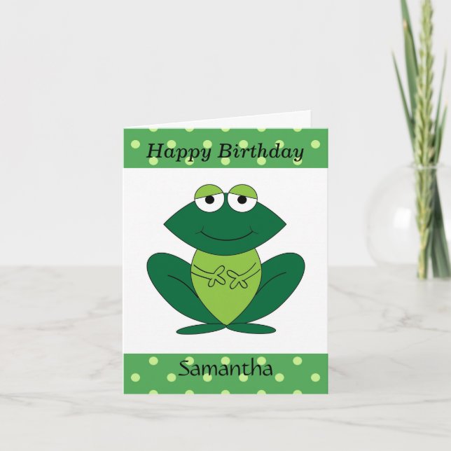 Cute Green Frog Polka Dots Happy Birthday  Card (Front)